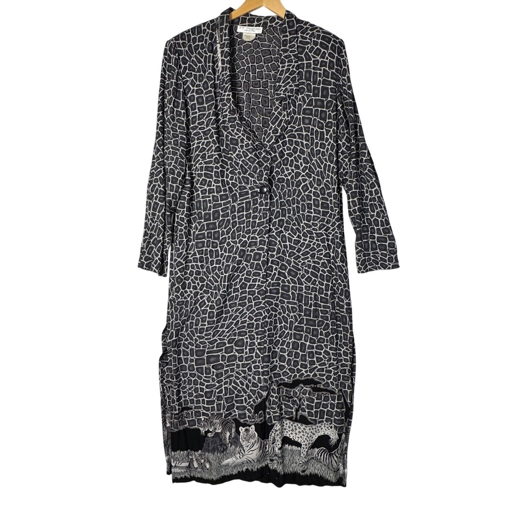 Vtg Lew Magram Womens Size 10 Gray Animal Print Maxi Duster Lagenlook‎ Jacket